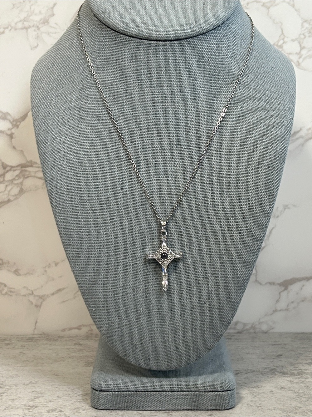Silver Projector Crystal Cross Pendant Necklace - Silver - Picture 3 of 7